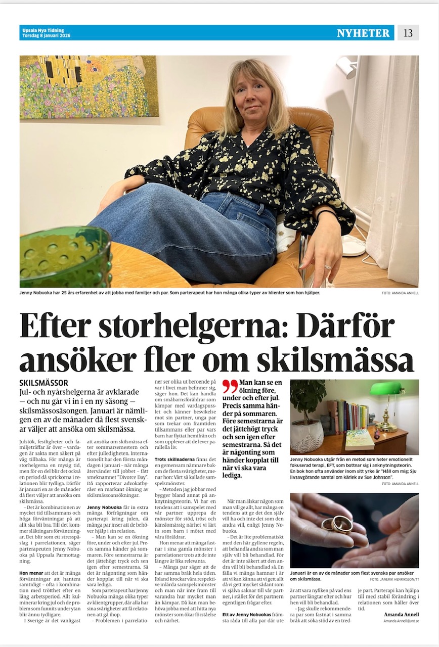 Artikel i Upsala Nya Tidning om parterapi och skilsmässor i januari, med Jenny Nobuoka från Uppsala Parmottagning